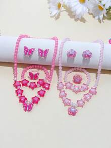 5pcs/10pcs Girls Pink Charm Beaded Butterfly, Pentagram, Flower Bracelet, Necklace, Ring, Earrings Jewelry Set, Suitable For BFFs, Little Sisters, Daily, Party, Birthday Gift - Multicolor - View 9