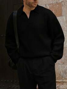 Men's Ribbed Knit Polo Neck Sweater, Casual Loose Fit Pullover, Suitable For Autumn And Winter - màu đen - Xem 4