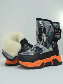 1 Pair Winter Camouflage Letter Outdoor Ski Boots For Boys, Thick & Warm Teenage Snowboots For Outdoor Activities, 1 Pair Fashionable Thick Thermal Lined Winter Boots For Girl