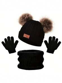 3 Stücke Kinder gestrickter Hut, Schal und Handschuhe Set, Kinder warmer Pompon Hut, Schal und Handschuhe für Outdoor, Lässig, Kleinkind 2-6 Jahre