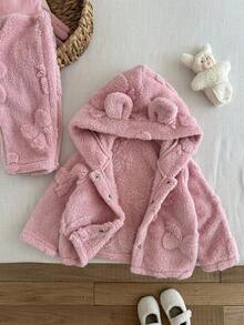 2 Stücke Baby Mädchen Plüschjacke mit Schleifen Dekor & Bärchen Ohren Hut, und Plüschhose, dick für drinnen & Outdoor, Herbst/Winter