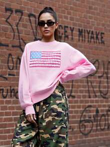 Women's Fall Loose Pullover Floral Flag Print Long Sleeve Crew Neck Sweatshirt Casual Tops - 粉色 - 查看 4
