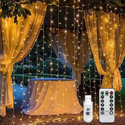 1 Pc 3x1m 100 LED/3x3m 300 LED Copper Wire Curtain Light, Waterproof Fairy String Light With USB & Remote Control, Decorative Lights For Halloween, Christmas, Festivals