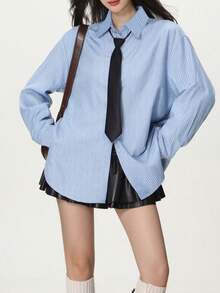 女士休闲条纹前扣衬衫（配领带）