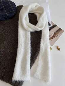 1pc Slightly Curled Edge Thin Scarf, Fashion Versatile Long Scarf, Narrow Style, Suitable For Dress Matching - White - View 2