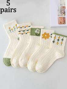 5 双女士时尚拼色绿色花卉印花纹理中筒袜，适合日常穿着 - 彩色 - 查看 8