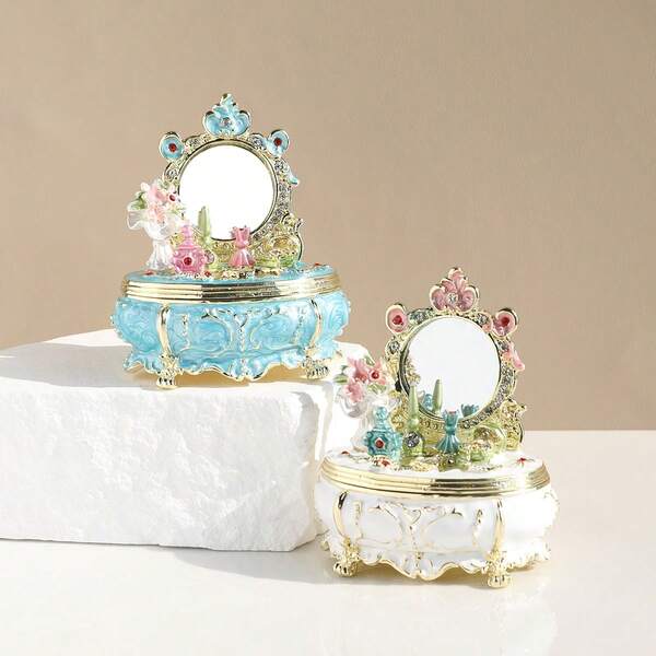 1pc Enamel Crafted Jewelry Box, Creative Princess Vanity Trinket Organizer With Mirror, Jewelry Storage Box, Birthday Gift