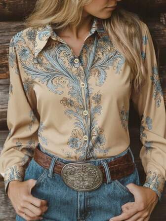 Plus Size Women Retro Bohemian Casual Shirt, Floral Print Long Sleeve Blouse, Casual Fashionable Bohemian Elegant Women Shirt