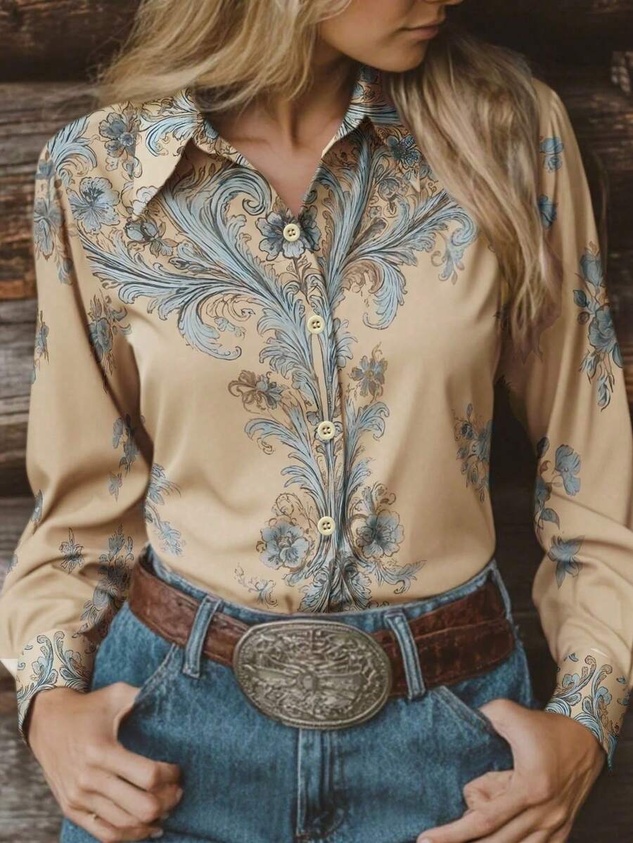 Plus Size Women's Retro Bohemian Style Printed Long Sleeve Summer Shirt, A Casual Fashionable Bohemian Style Elegant Ladies Blouse