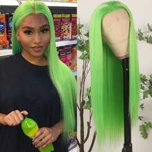 13x4 Free Part Mint Green Long Straight Lace Front Wigs Glueless Long Silky Straight Wigs Pre Plucked HD Lace 180% Density Light Green Wig Soft Free Part Wear And Go Lace Front Wigs For Fashion Women Party & Daily Wear 26 Inch - 綠色 - 查看 2