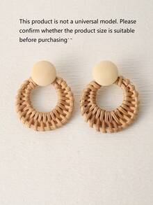 1 Pair Handmade Woven Rattan Hollow Round Earrings With Natural Wooden Decor, Fashionable Island Vacation Style, Suitable For Vacation, Party And Gift, Actual Color, Size And Texture May Slightly Differ From The Image - Coffee - View 1