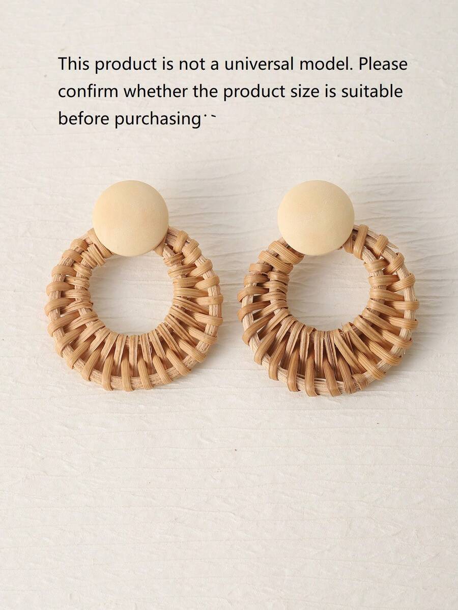 1 Pair Handmade Woven Rattan Hollow Round Earrings With Natural Wooden Decor, Fashionable Island Vacation Style, Suitable For Vacation, Party And Gift, Actual Color, Size And Texture May Slightly Differ From The Image - Coffee - View 1