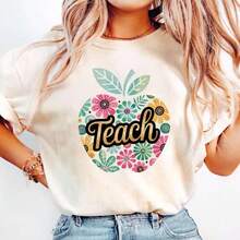 Preschool T-Shirts, Summer T-Shirts For Women, Graphic Print T-Shirts For Women, Casual Short Sleeve Crew Neck T-Shirt, 1 Fashion T-Shirt, 180g, 100% Cotton. - white002 - 查看 2