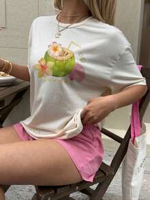 Oversized Pink Seashell, Leaf & Flower Graphic Round Neck Short Sleeve Loose T-Shirt For Women, Casual Vacation Pullover Beach Vacation Outfits - trắng - Xem 3