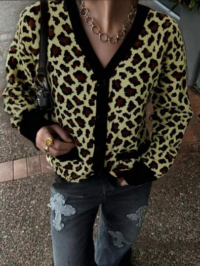 Cardigan décontracté ample de style de rue à imprimé léopard, col en V, boutonnage, manches longues, convient pour le printemps, l'automne et l'hiver