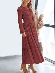 Women Fall Maxi Dresses Long Sleeve High Waist Tiered Flowy A-Line Boho Bohemian Long Dress Beach Holiday Vacation Wedding Guest Valentine Outfit - 紅棕色 - 查看 4