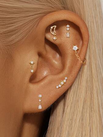 EleRunis 1 buc piercing din argint 925, formă de stea și lună, spate plat, pentru cartilaj, helix, bijuterii fine pentru purtare zilnică, nuntă, petrecere, logodnă, aniversare, Ziua Îndrăgostiților