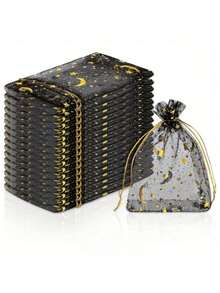 30 件/50 件/100 件月亮和星星印花抽绳欧根纱袋，礼品包装袋（黑白可选），DIY 礼品袋，适用于化妆品、生日、珠宝、婚礼新娘回礼、纪念品、情人节、圣诞节、复活节、毕业典礼、返校、感恩节、节日派对，3.5x4.7 英寸（9x12 厘米）