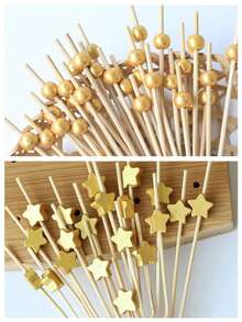 200/100/50pcs Shiny Gold Star Decorative Picks - Handmade Wooden, Suitable For High-End Party Decorations, Ideal Accessory For Meals And Appetizers, Also Suitable For Outdoor Activities And Camping. - Multicolor - View 9