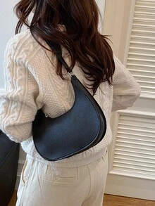 1 pièce Sac à bandoulière en croissant zippé en PU de couleur unie à texture de litchi, portable, convenant pour un usage quotidien des femmes en automne/hiver - Noir - Voir 5