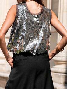 Women's Summer Shiny Sequins Vest Sleeveless Round Neck Fashionable Party Tank Tops - 銀色 - 查看 6