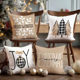 4pcs Christmas Minimalist Khaki Snowflake & Christmas Tree Illustration Cushion Cover Set, Single-Sided Printed Peach Velvet Material, 45*45/50*50/40*40CM Pillow Case Suitable For Room Decor, Modern Minimalist Sofa Living Room Decor, Gift, Party Decoration