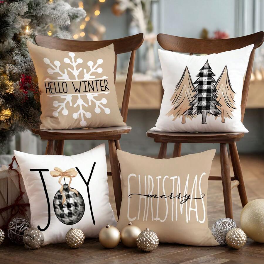 4pcs Christmas Minimalist Khaki Snowflake & Christmas Tree Illustration Cushion Cover Set, Single-Sided Printed Peach Velvet Material, 45*45/50*50/40*40CM Pillow Case Suitable For Room Decor, Modern Minimalist Sofa Living Room Decor, Gift, Party Decoration