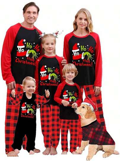Pijamas a juego para la familia en Navidad para parejas, bebés y niños. Conjunto de 2 piezas de pijamas para fiestas navideñas, reuniones familiares. Incluye pelele de bebé/ropa de perro/conjunto de parte superior con estampado de monstruo verde y pantalón a cuadros