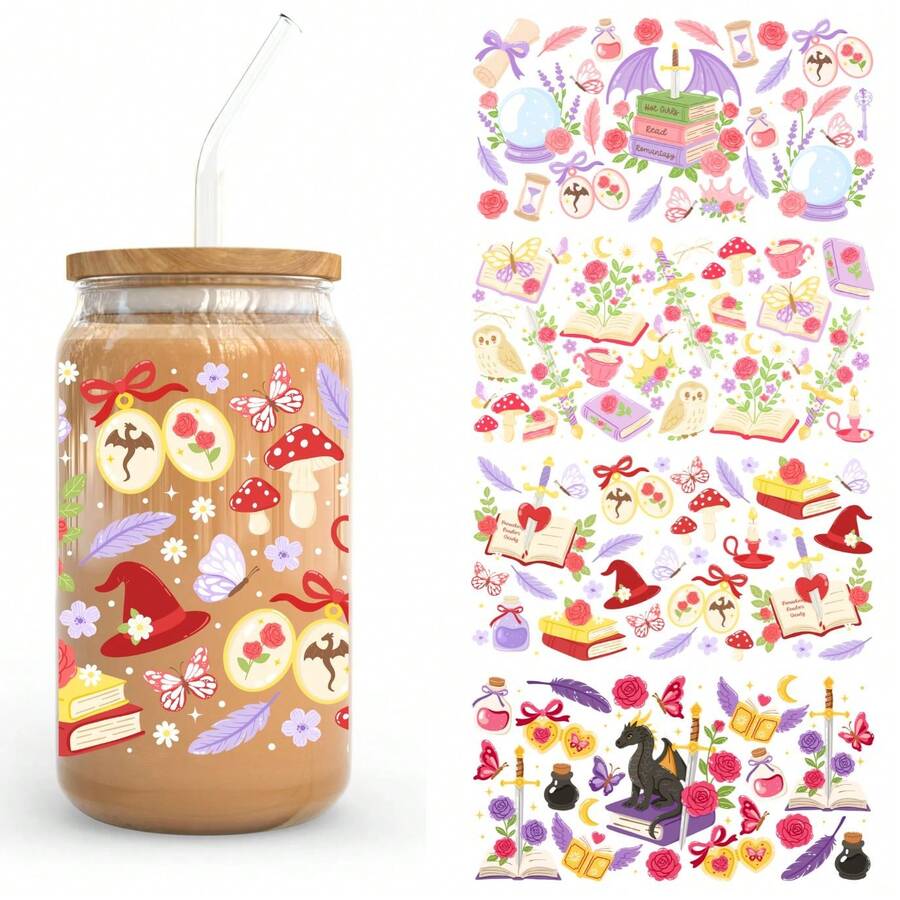 Romantasy Book Lover Fantasy Bookish Booktok UV Dtf Wraps For 16 Oz Glass Can Cup, Magical Fairy Tale Witch Dragon Uv Dtf Cup Wraps For Glass Cup Bottle Tumbler Mug, Dark Academia Reader Waterproof Uvdtf Cup Wraps For Laptop Diy Craft Decorations, Uv Dtf Decals Water Bottle Stickers