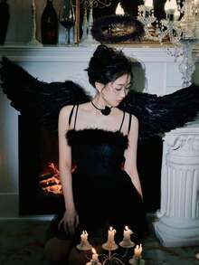 2PCS Halloween Angel Wings/Demonic Wings Set, Feather Props, Suitable For Party Decoration, Dance Events, Performances, Fashion Magazine Shoots, Model Parades And Various Holiday Role-Playing Props (Made Of Natural Feathers)