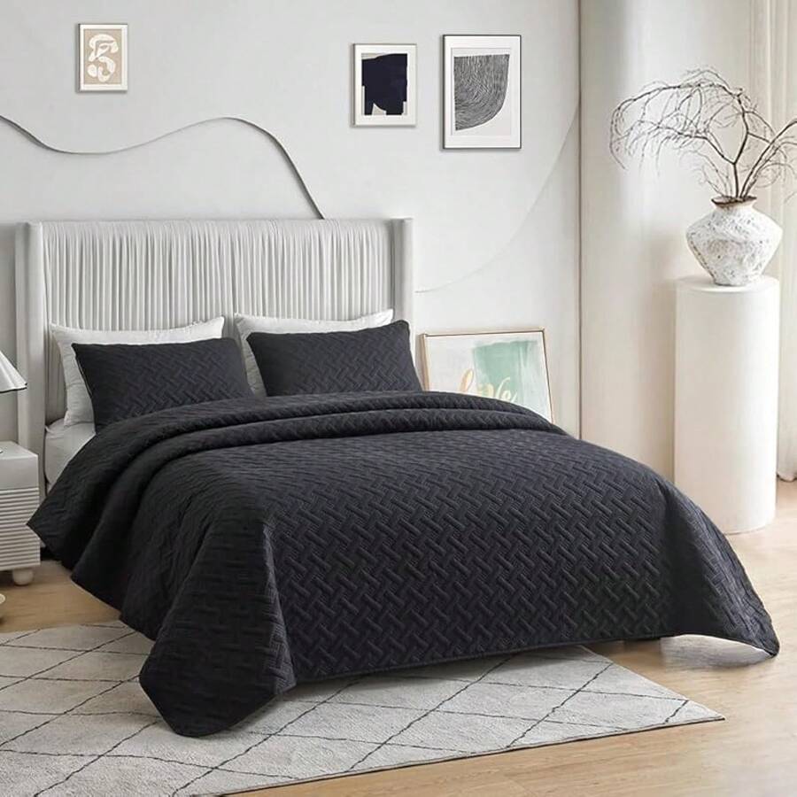 NANWEI Colcha Ligera Relieve con 2 Fundas de Almohada, Edrecolcha para Cama, Capitonado, Ultra Suave, Hipoalergénico (Blanco, King) - Negro - Ver 1