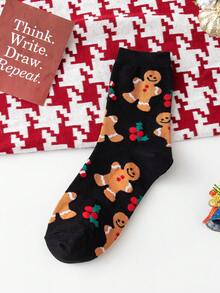 1 par/4 pares de calcetines cómodos y casuales de invierno con estampado de Papá Noel y hombre de jengibre para hombres
