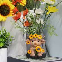 وعاء زهور من الراتنج بتصميمين لبقرة الهضبة، تمثال راتنجي لبقرة الهضبة الاسكتلندية مع دوار الشمس الربيعي، أزواج العجول، ديكور طاولة مكتب أو منزلي مناسب كهدية