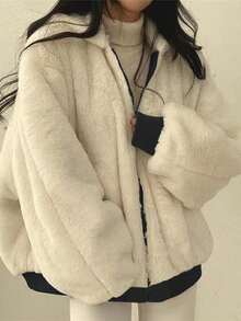 女式超大号连帽派克大衣，仿毛领，修身廓形，双口袋，可双面穿，休闲街头风，秋冬短款夹克 - 黑與白 - 查看 9