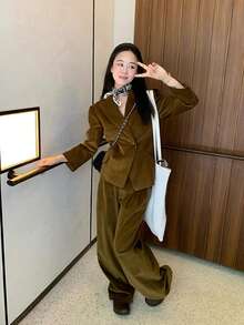 Ensemble de tenue décontractée vintage pour femmes - Veste chic et élégante en velours côtelé ample - Pantalon ample droit à jambes larges décontracté, Ensemble 2 pièces