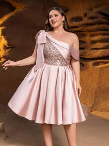 Faeriesty Curve Plus One-Shoulder Midi Party Dress With Large Bow, Sparkling Sequin From Chest To Waist & Adjustable Back Strap – Voluminous Sheer Skirt, Sleek Silhouette For Galas, Red-Carpet Events & Upscale Gatherings