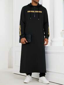 Men's Robe Side Split Kaftan Cotton Long Gown Thobe,Modern Islamic Men's Long Thobe Kamees,Islamic Men's Hooded Long Gown,Spliced Low-Key Golden Webbing,A Classy Yet Casual Design - Black - View 3