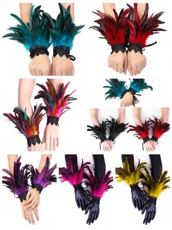 1 Pair Halloween Cosplay Punk Gloves Sleeves Feather Wrist Cuff Gothic Carnival Natural Feather Arm Sleeve Party Costume Accessories