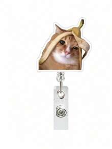 1pc Acrylic Retractable Cat Emoticon Badge Reel, Rotatable ID Card Holder Keychain Clip For Doctor/Nurse,School Supplies,Back To School