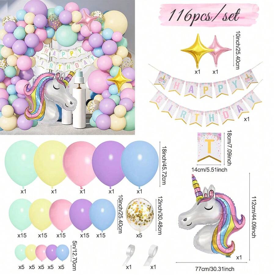 116 件独角兽气球拱门花环套件，带生日快乐横幅独角兽铝箔马卡龙气球，适用于独角兽生日派对装饰用品。婚礼装饰淋浴装饰 - 彩色 - 查看 1