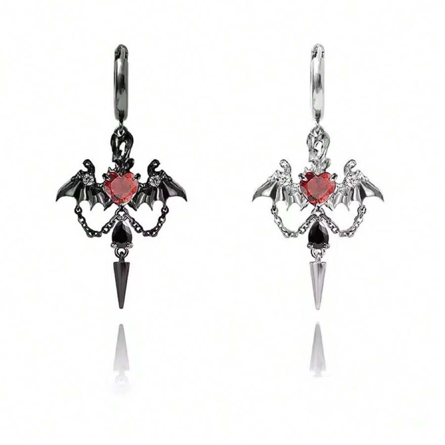 Dark Bat Tassel Love Earrings Women's Halloween Chain Rivet Punk Earrings Men's Earrings Ornament - Trắng K - Xem 1