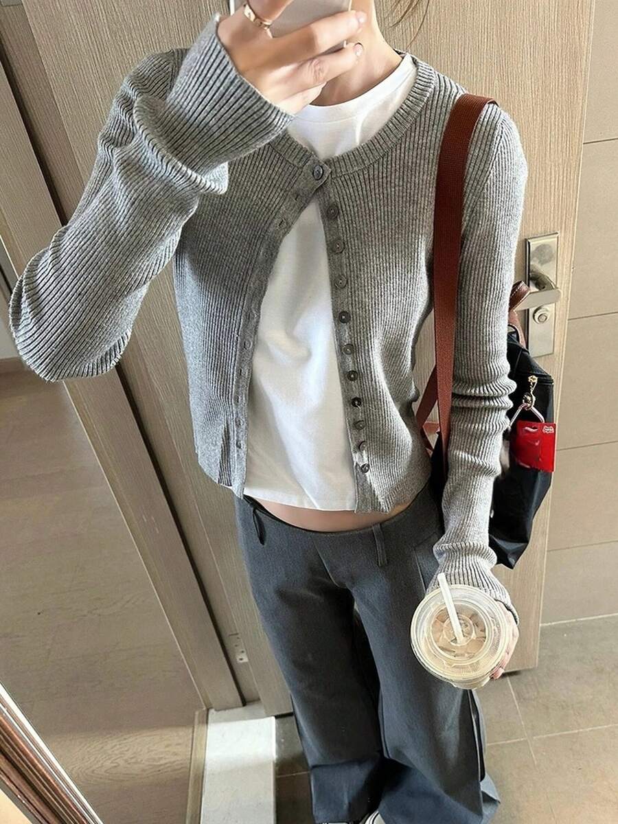 Early Autumn Casual Korean Style Slim Fit Cardigan Sweater For Women - Grey - View 1