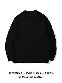 Men's Ribbed Knit Polo Neck Sweater, Casual Loose Fit Pullover, Suitable For Autumn And Winter - màu đen - Xem 7