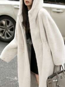 Chaqueta casual de piel sintética con bolsillos y cordón para mujer, de unicolor, de felpa, elegante y de moda para otoño/invierno