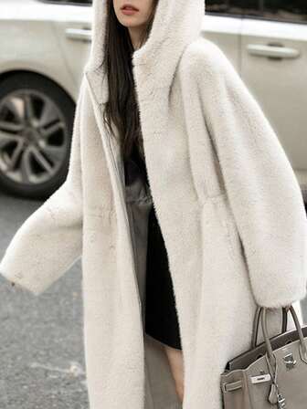 女士纯色仿皮毛抓绒口袋抽绳休闲仿皮毛夹克，时尚优雅，适合秋冬