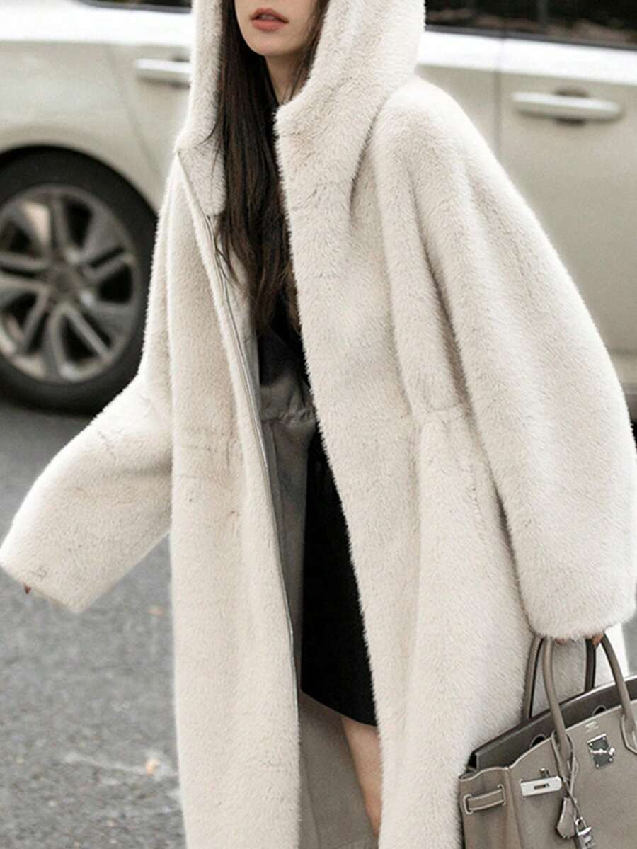 Chaqueta casual de piel sintética con bolsillos y cordón para mujer, de unicolor, de felpa, elegante y de moda para otoño/invierno