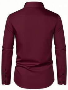 Men's Fashion Casual Business Commuter Mandarin Collar Solid Color Button Down Long Sleeve Shirt, Men's Formal Slim Fit Shirt, Men's Solid Color Shirt. Suitable For Daily Wear, Work Commute, Going Out, Parties, Can Be Paired With Suit Pants Or Suits For Gatherings, Weddings, And Honeymoons. Can Be Given As A Gift To Sons, Husbands, Boyfriends, And Fathers. - 酒紅色 - 查看 2