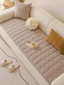 1pc Quilted Plush Sofa Cover, Solid Color Nordic Style Sofa Pad, Thick 3D Design Fluffy Sofa Slipcover For Winter, Anti-Slip Anti-Scratch Sofa Protector For Living Room Bedroom Study, Fits 1/2/3/4 Seater Sofa With Armrest & Backrest