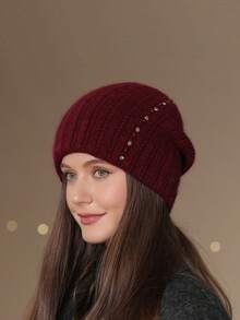 1pc Women's Warm Double-Layer Knitted Hat, Fashionable Pearl Headband Earmuffs Beanie, Thick Knitted Hat For Mothers In Winter