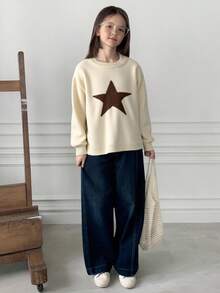 DAZY Tween Girl Star Pattern Crew Neck Sweater, For Everyday Wear In Autumn/Winter - Apricot - View 3